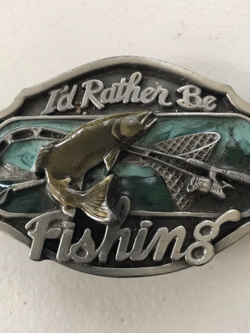 Vintage Belt Buckle Mens Fishing Fisherman Fish Metal USA Made Arroyo Grande Dad